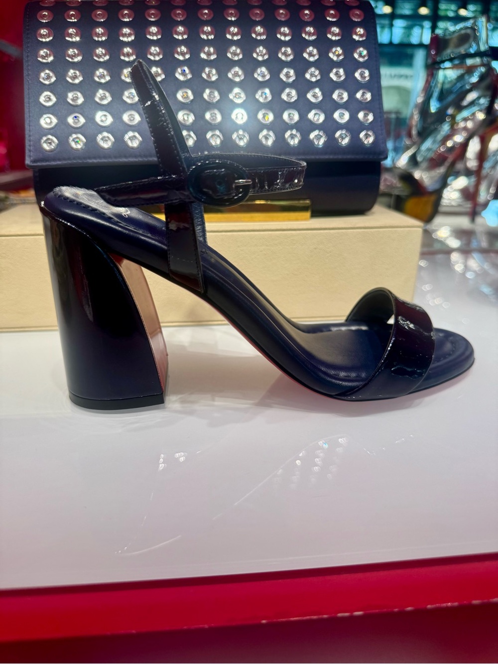AUTHENTIC BRAND NEW Christian Louboutin Navy Patent Sandal with Ankle Strap